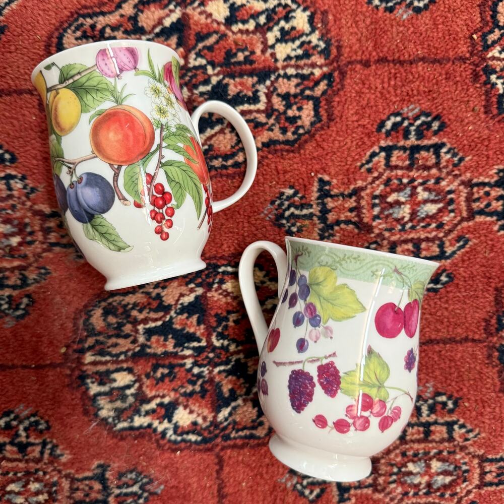 Cute Pair of Similar Fruit Pattern Porcelain Coffee‎ Mugs Dunoon & Roy Kirkham